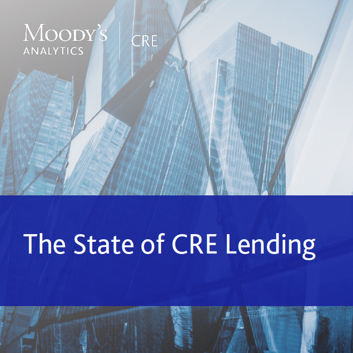 The State of CRE Lending; commercial buildings in background.