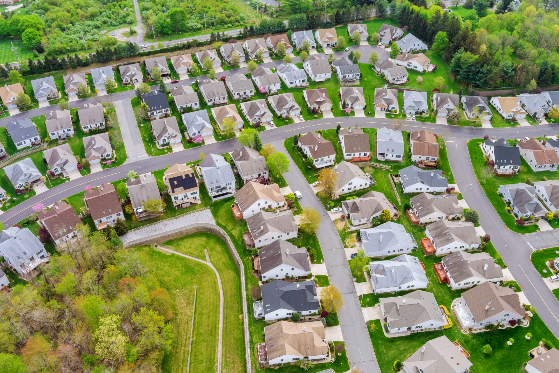 Aerial view of roof houses in small town in the countryside top view above houses at America NJ